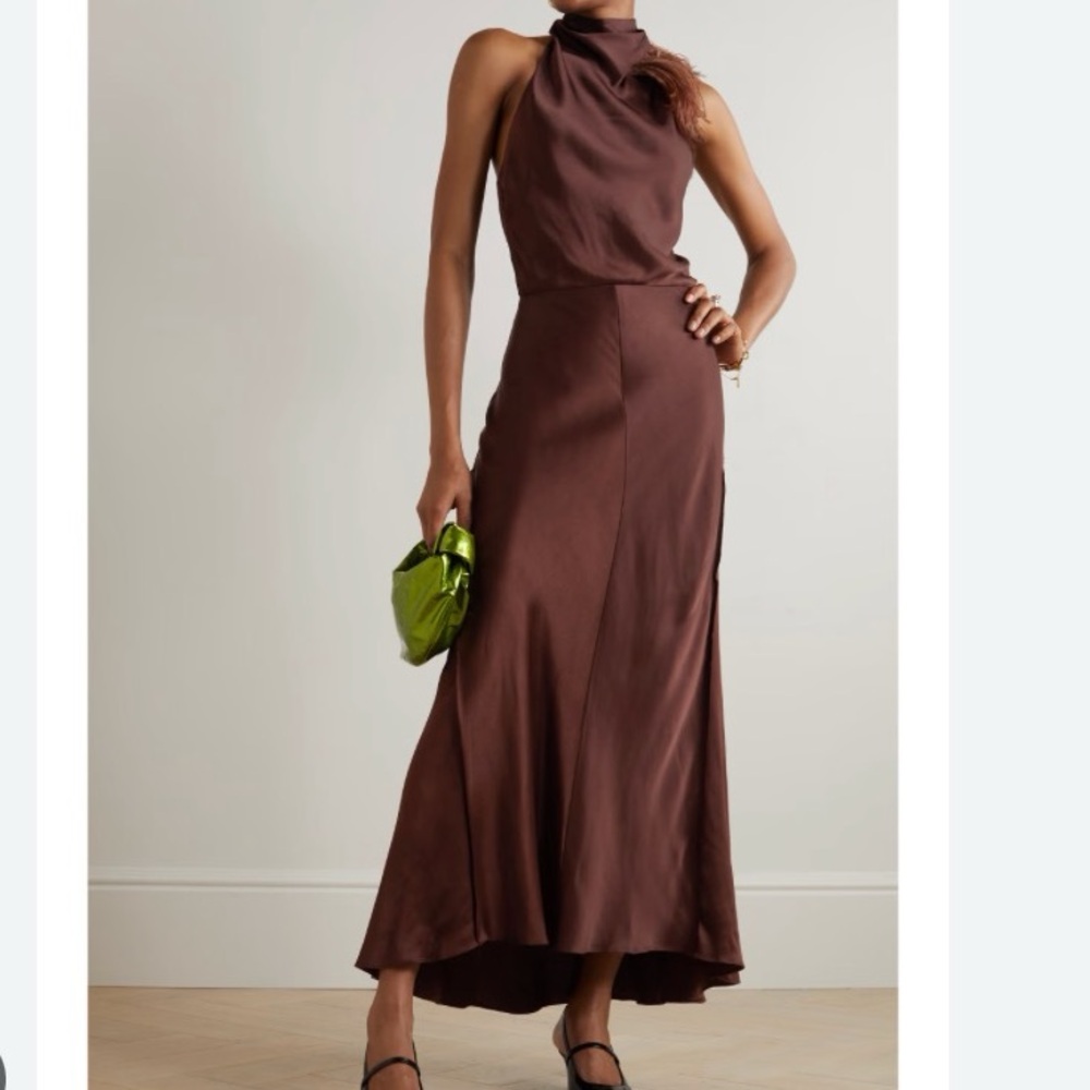 ORIG $595 VINCE feather-trimmed satin draped maxi dress size 00